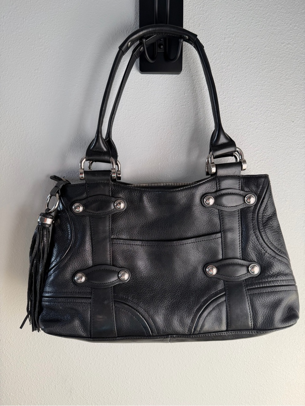 B. Makowsky Black Leather Shoulder Bag with Tassel